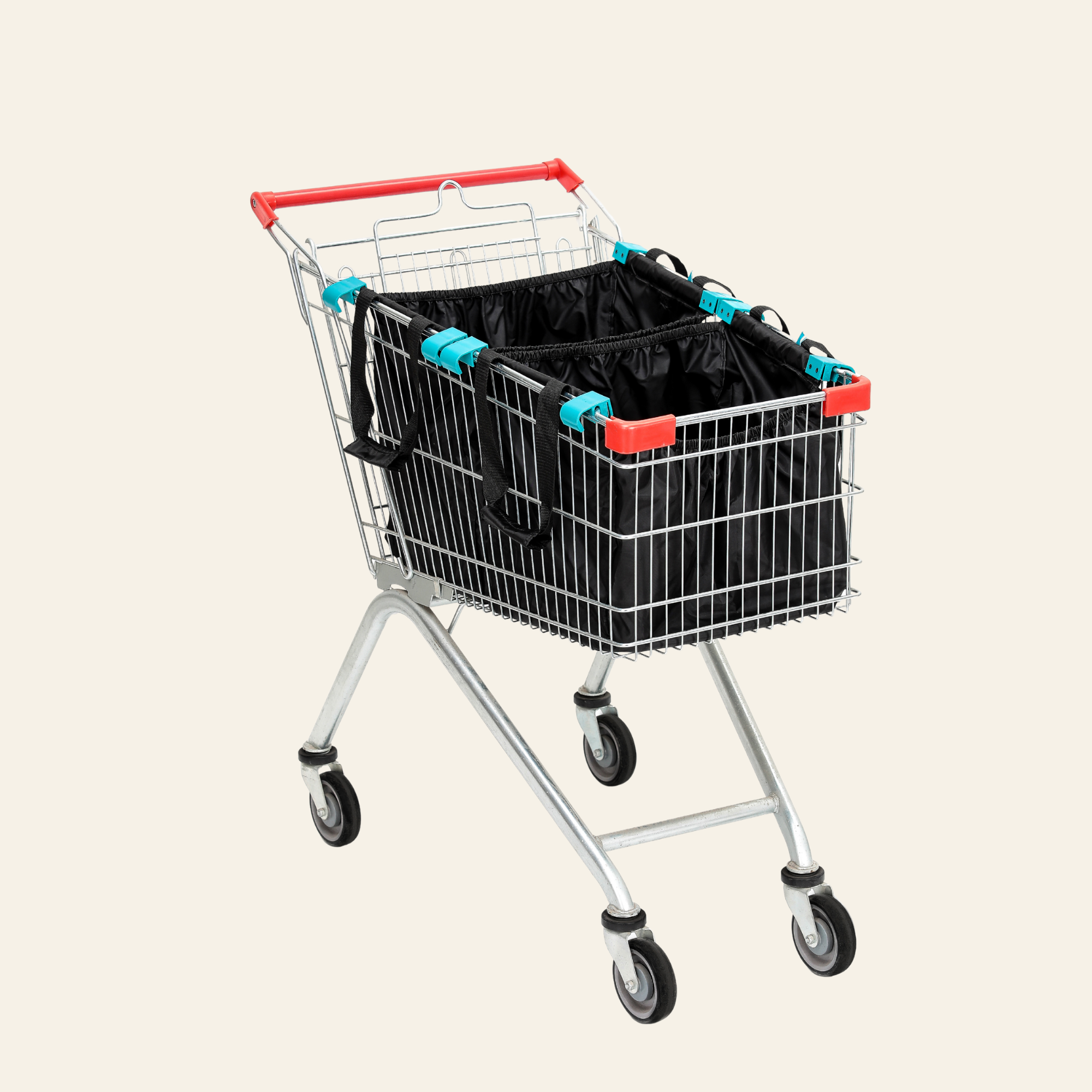 Grab & Go Cart Caddy - Reusable Shopping Cart Bags & Grocery Organizer (BLK))