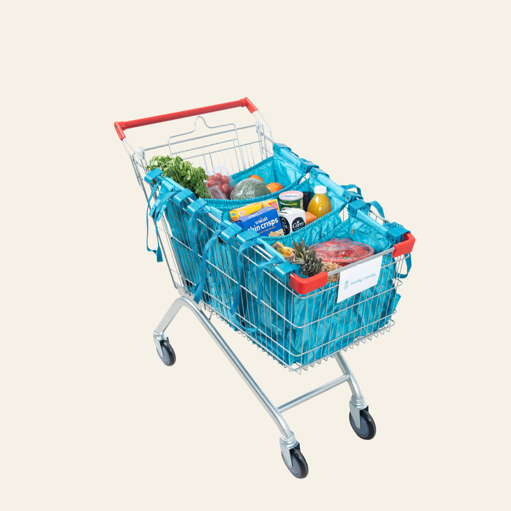 Grab & Go Cart Caddy- Reusable Shopping Cart Bags & Grocery Organizer With Base