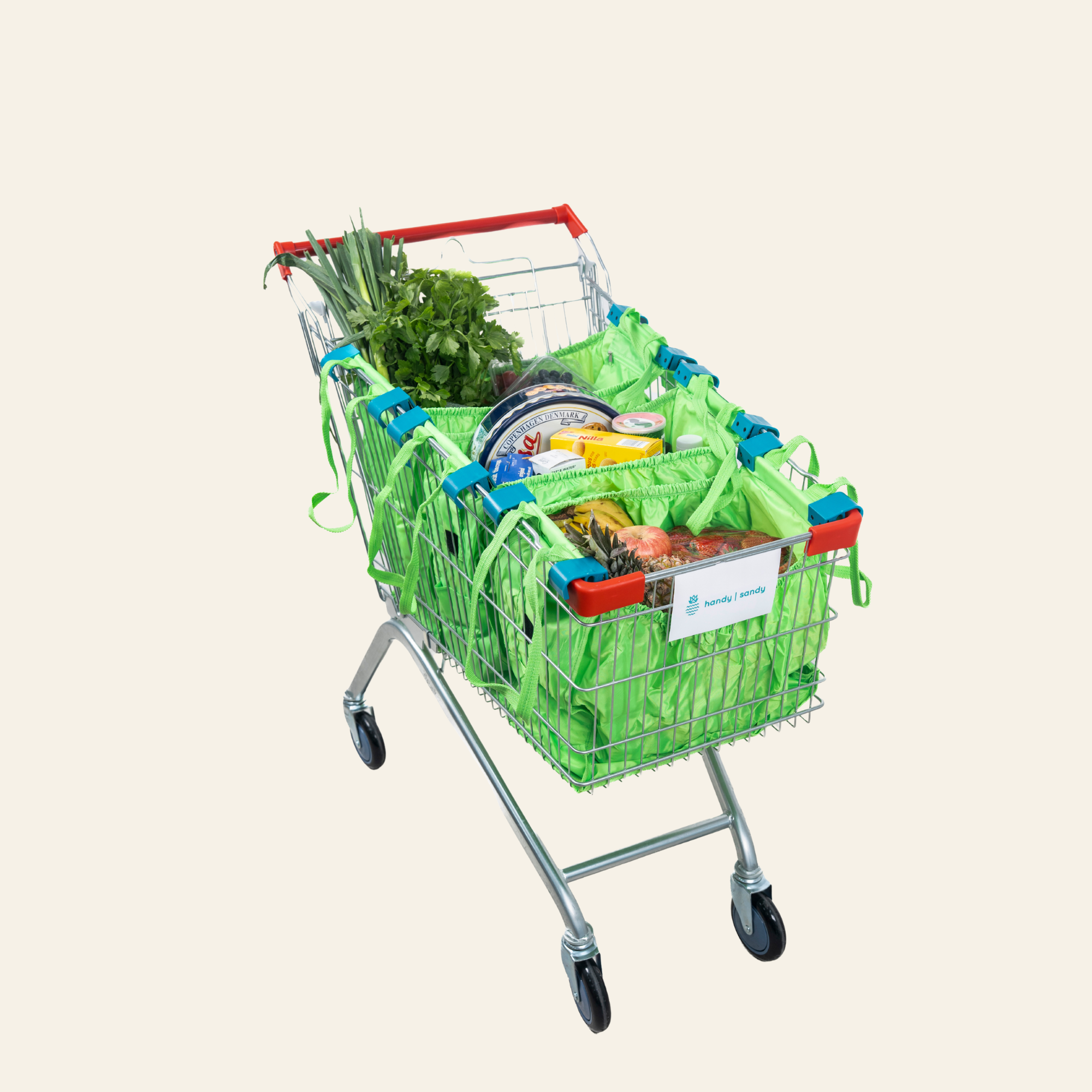 Grab & Go Cart Caddy- Reusable Shopping Cart Bags & Grocery Organizer With Base- Green