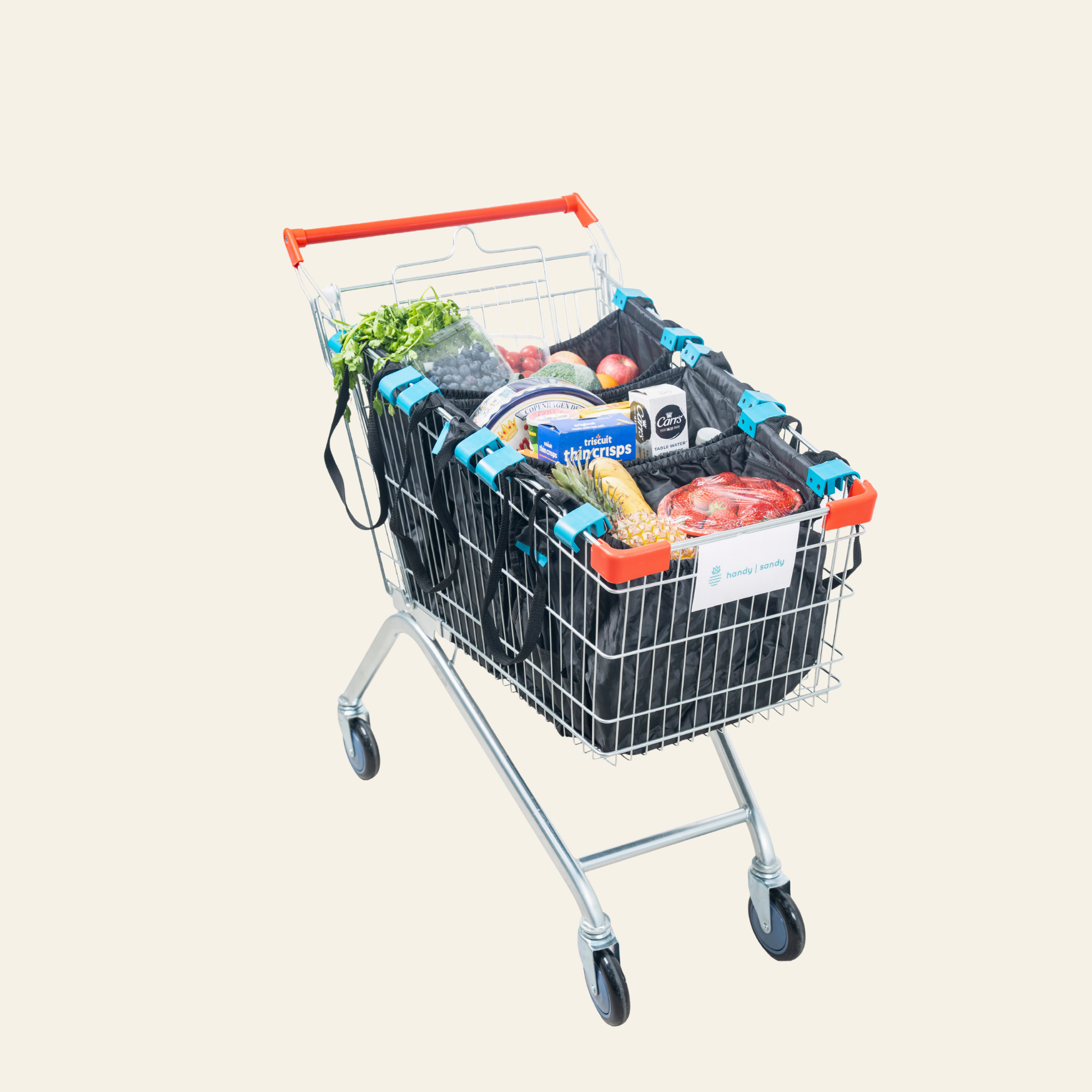 Grab & Go Cart Caddy- Reusable Shopping Cart Bags & Grocery Organizer With Base- Black