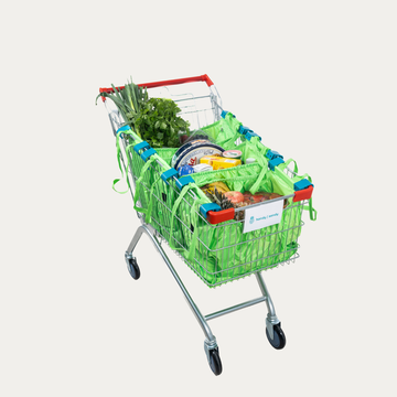 Grab & Go Cart Caddy- Reusable Shopping Cart Bags & Grocery Organizer With Base- Green
