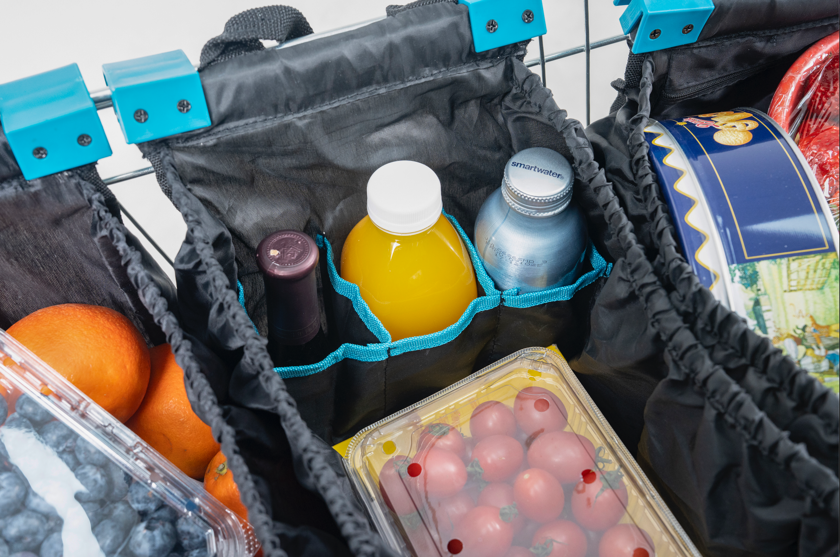 Grab & Go Cart Caddy- Reusable Shopping Cart Bags & Grocery Organizer With Base- Black