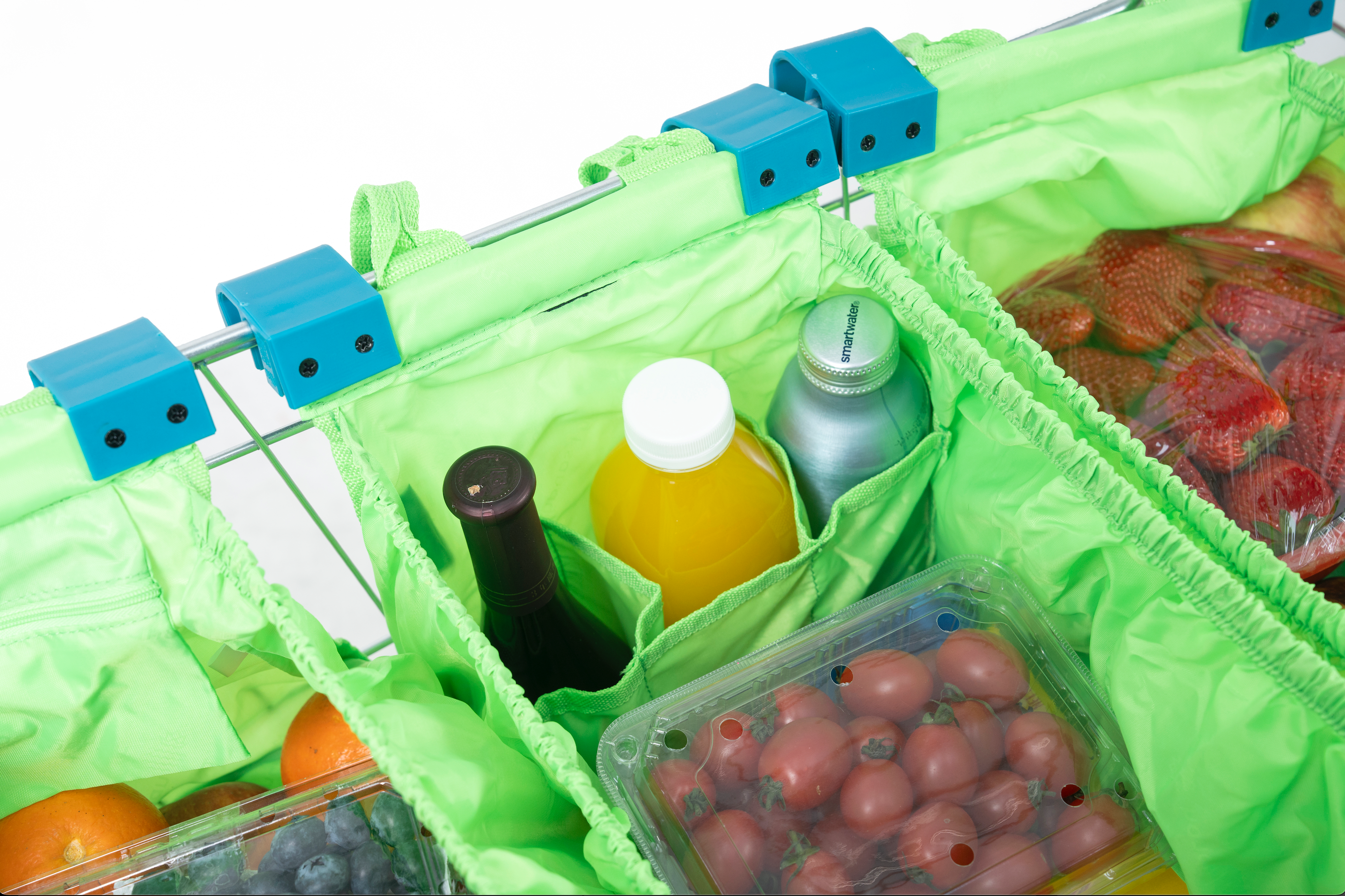Grab & Go Cart Caddy- Reusable Shopping Cart Bags & Grocery Organizer With Base- Green