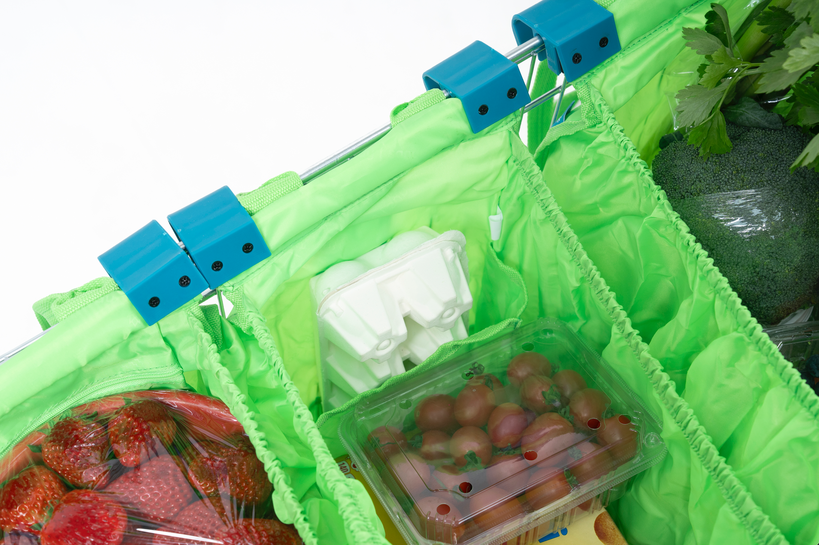 Grab & Go Cart Caddy- Reusable Shopping Cart Bags & Grocery Organizer With Base- Green